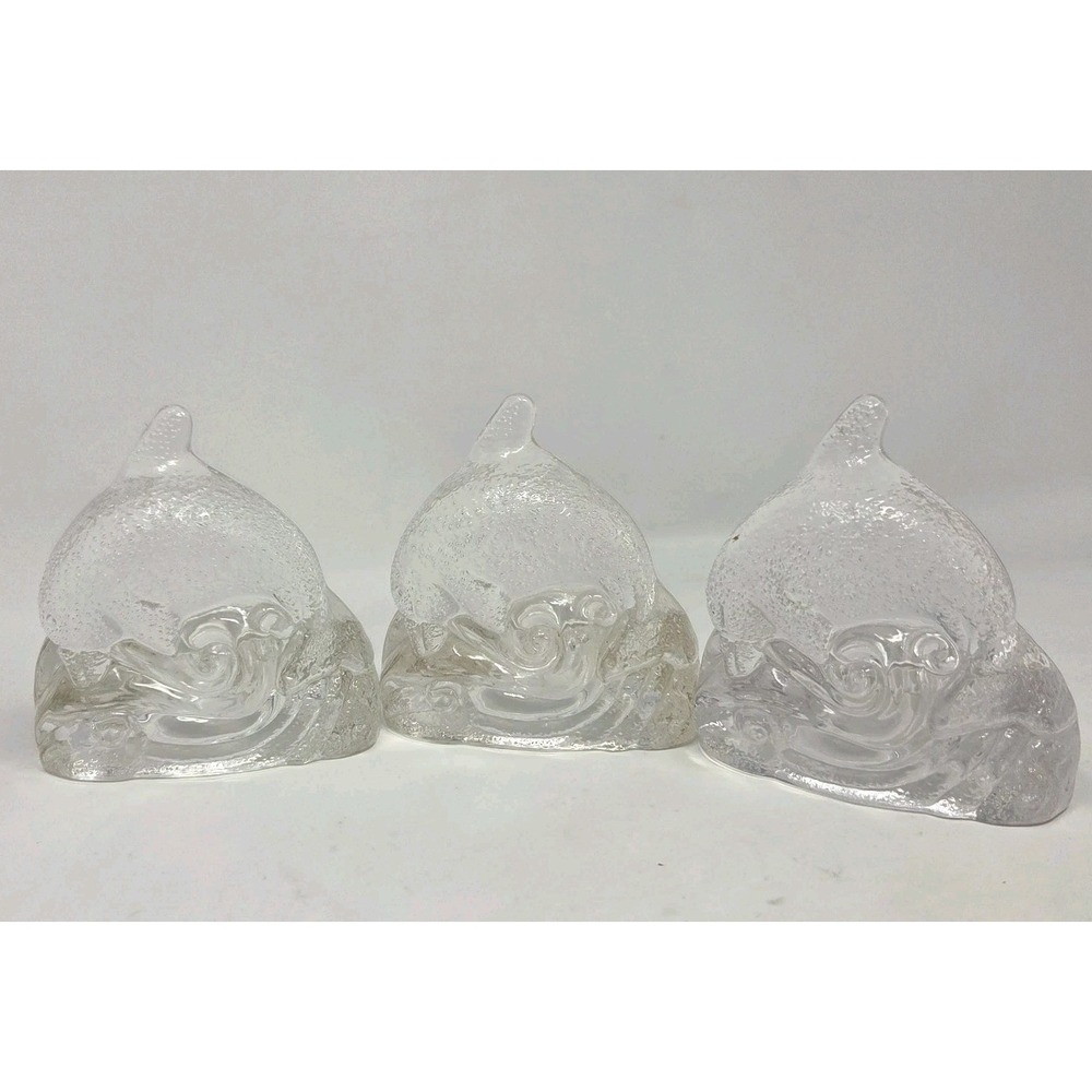 VINTAGE PartyLite Dolphin Waves Candle Holder Clear Glass‎ Tealight Votive Set 3